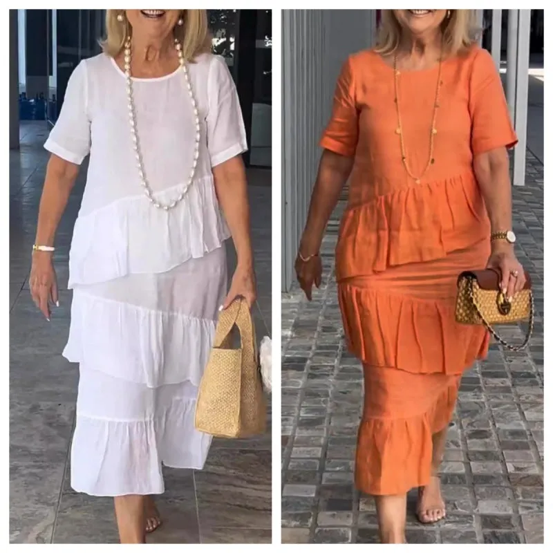 💕2024 Fall Sale 50% Off🔥Women's Pleated Round Neck Solid Dresses