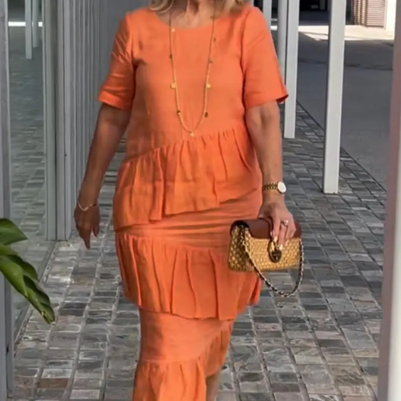 💕2024 Fall Sale 50% Off🔥Women's Pleated Round Neck Solid Dresses