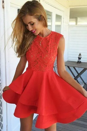 A-Line Sleeveless Red Satin Homecoming Dress With Lace TR0186