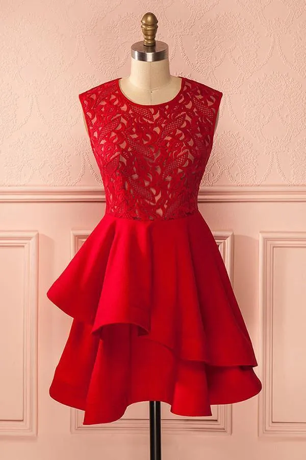 A-Line Sleeveless Red Satin Homecoming Dress With Lace TR0186