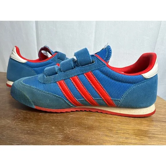 Adidas Dragon Sneakers Kids Size 2 Blue Red White Hook Loop Closure Shoes Retro