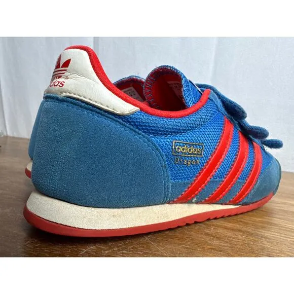 Adidas Dragon Sneakers Kids Size 2 Blue Red White Hook Loop Closure Shoes Retro