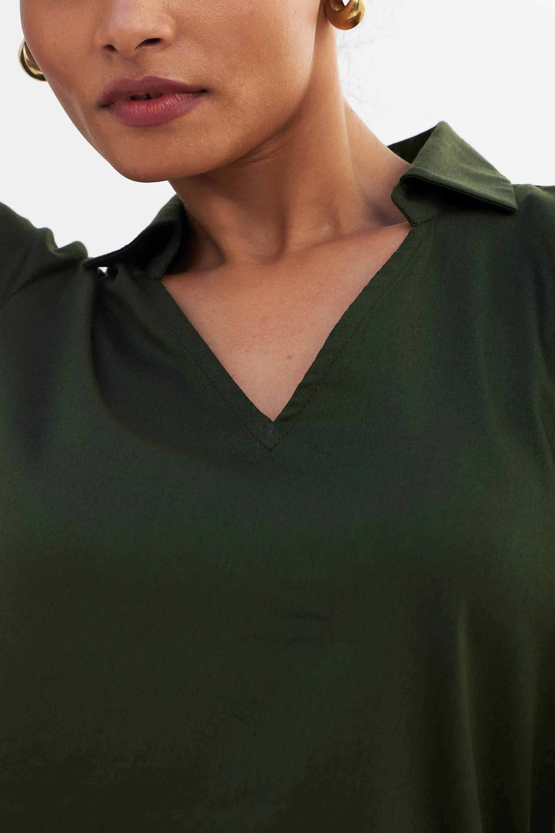 Allure-Olive Green Collared Long Top - Olive