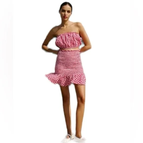 Anthropologie Mable Gingham Smocked Mini Skirt Set Size Small
