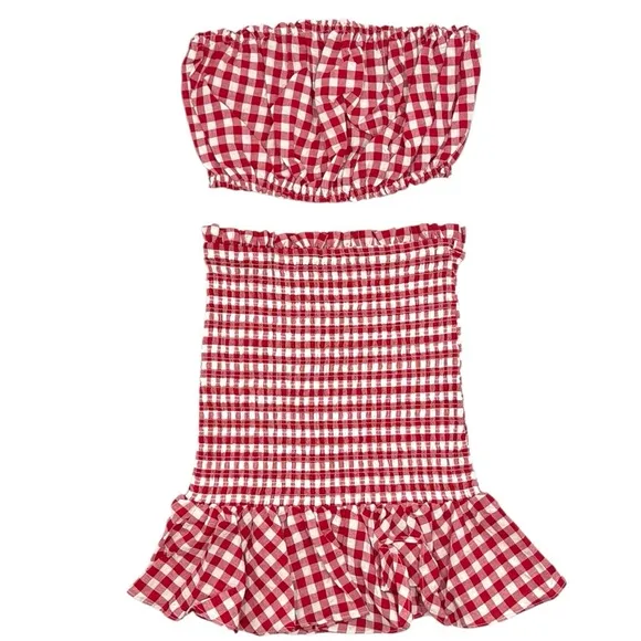 Anthropologie Mable Gingham Smocked Mini Skirt Set Size Small