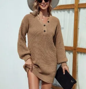 Audrey - Schickes V-Ausschnitt Strickkleid mit Knopfleiste für den Herbst für Damen