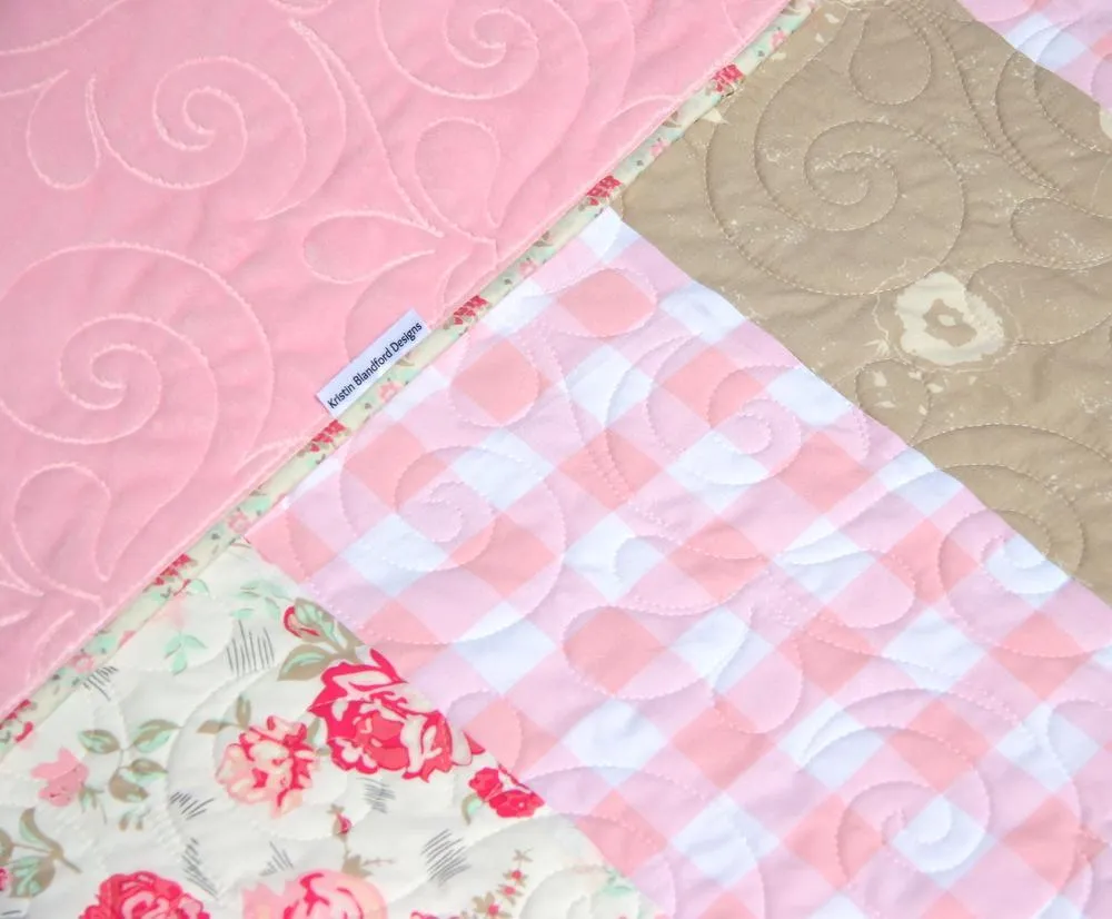 Baby Quilt, Floral Minky Blanket, Farmhouse Plaid, Flower Crib Bedding, Vintage Chic Roses, Handmade Modern Gift