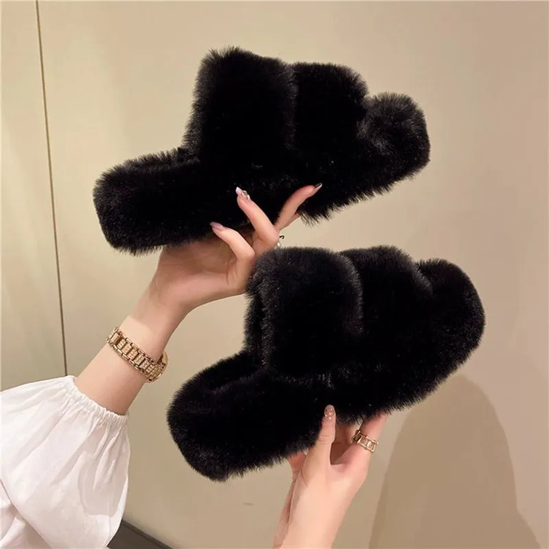 Black Casual Flat Bottom Comfort Home Fluffy Slippers