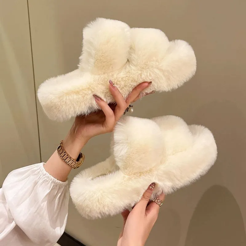 Black Casual Flat Bottom Comfort Home Fluffy Slippers