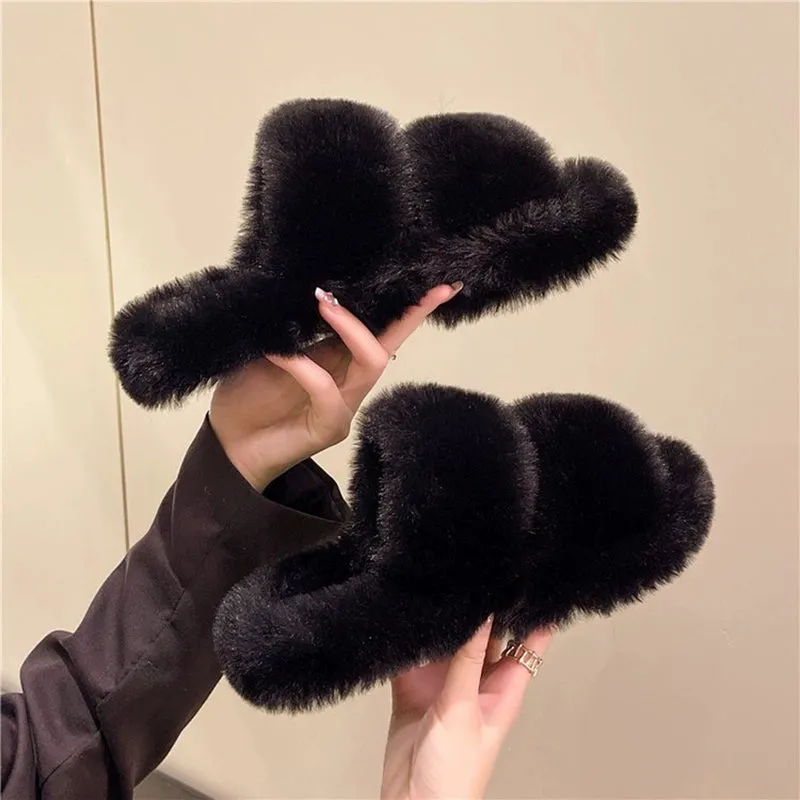 Black Casual Flat Bottom Comfort Home Fluffy Slippers