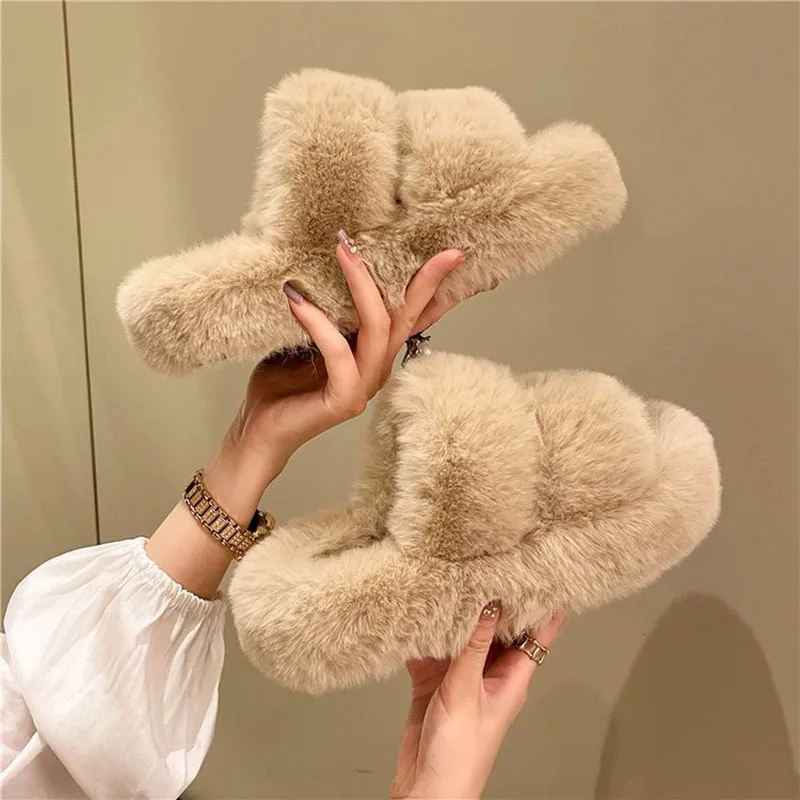 Black Casual Flat Bottom Comfort Home Fluffy Slippers
