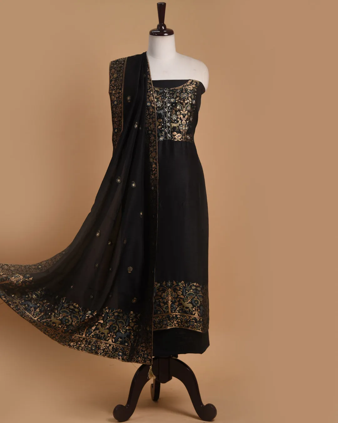 Black Silk Viscose Blend Woven With Embroidery Unstitched Suit Fabric Set With Silk Woven Dupatta