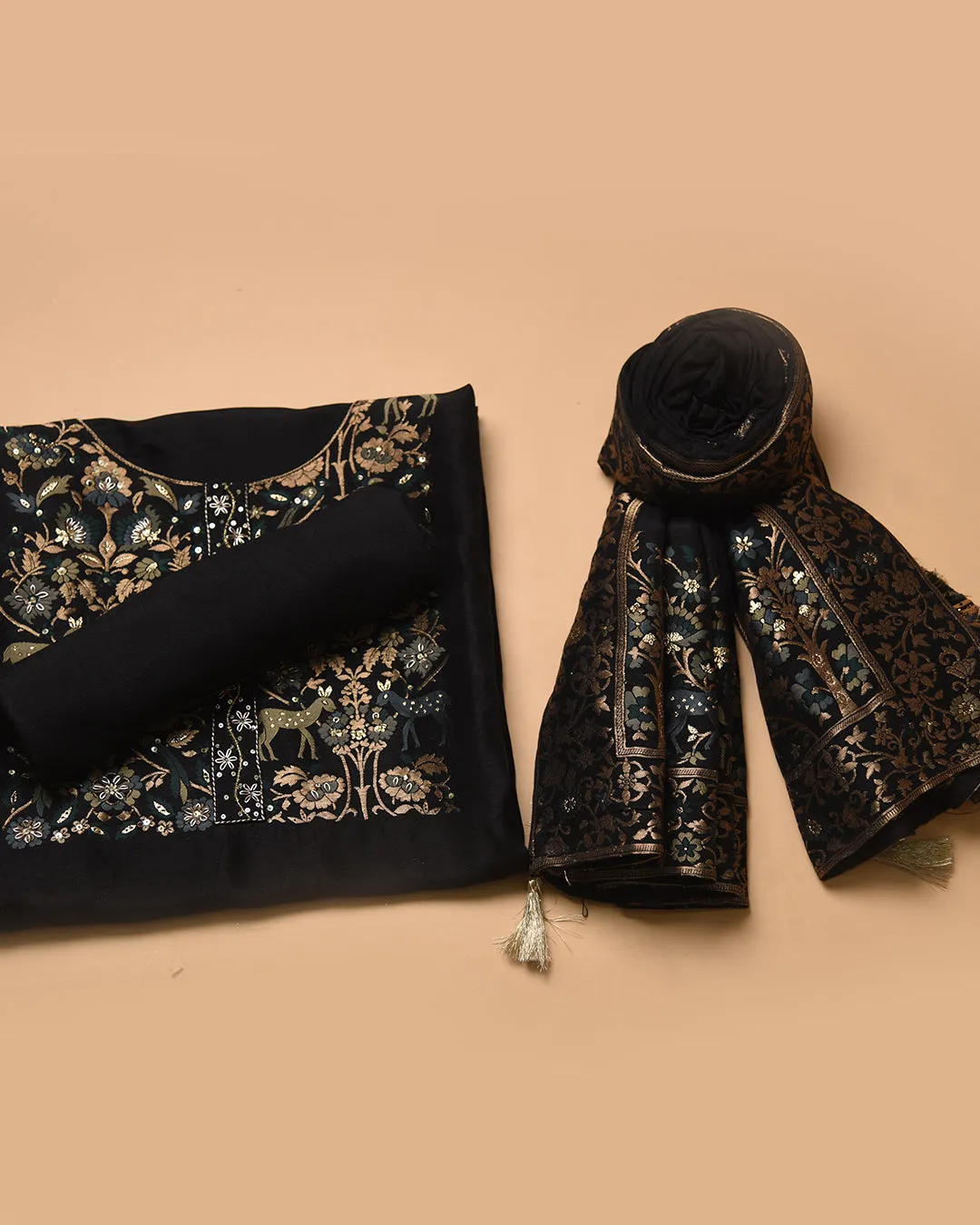 Black Silk Viscose Blend Woven With Embroidery Unstitched Suit Fabric Set With Silk Woven Dupatta