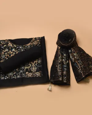 Black Silk Viscose Blend Woven With Embroidery Unstitched Suit Fabric Set With Silk Woven Dupatta