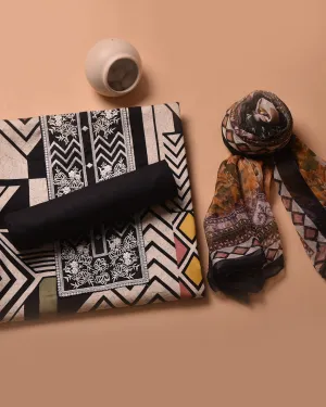 Black With Green Cotton Glazed Printed With Embroidery Unstitched Suit Fabric Set With Chiffon Dupatta