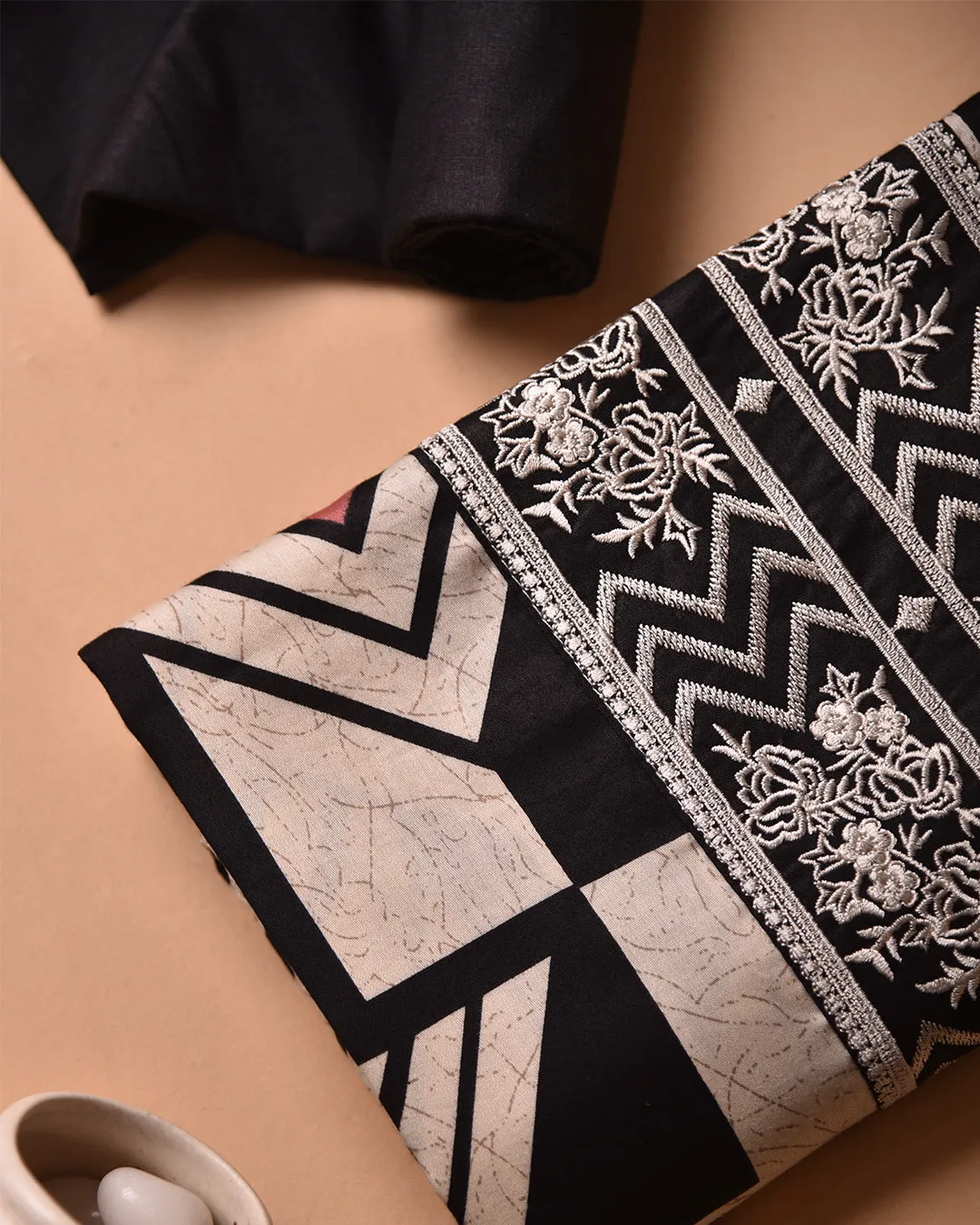 Black With Green Cotton Glazed Printed With Embroidery Unstitched Suit Fabric Set With Chiffon Dupatta