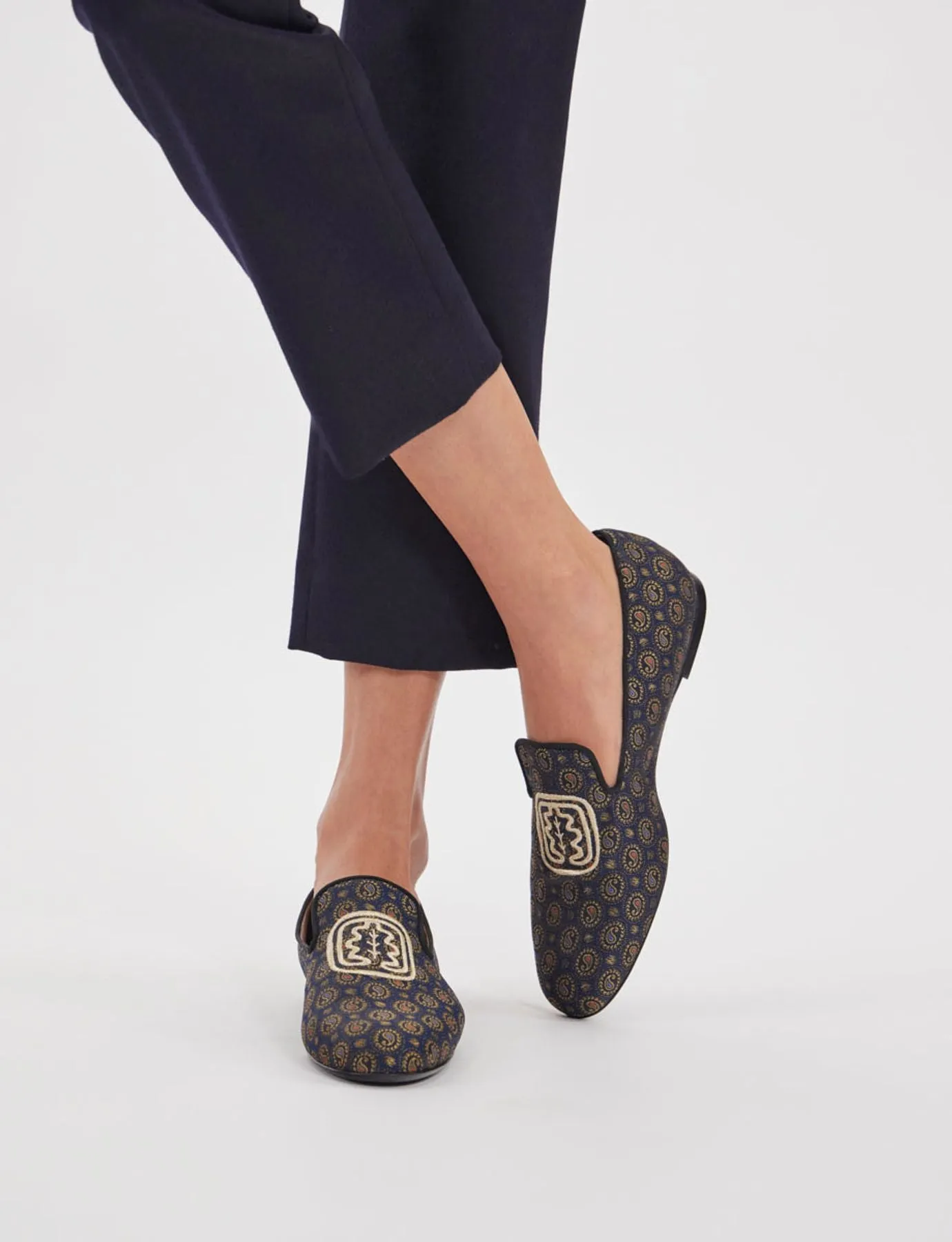 Blue and gold embroidered slippers