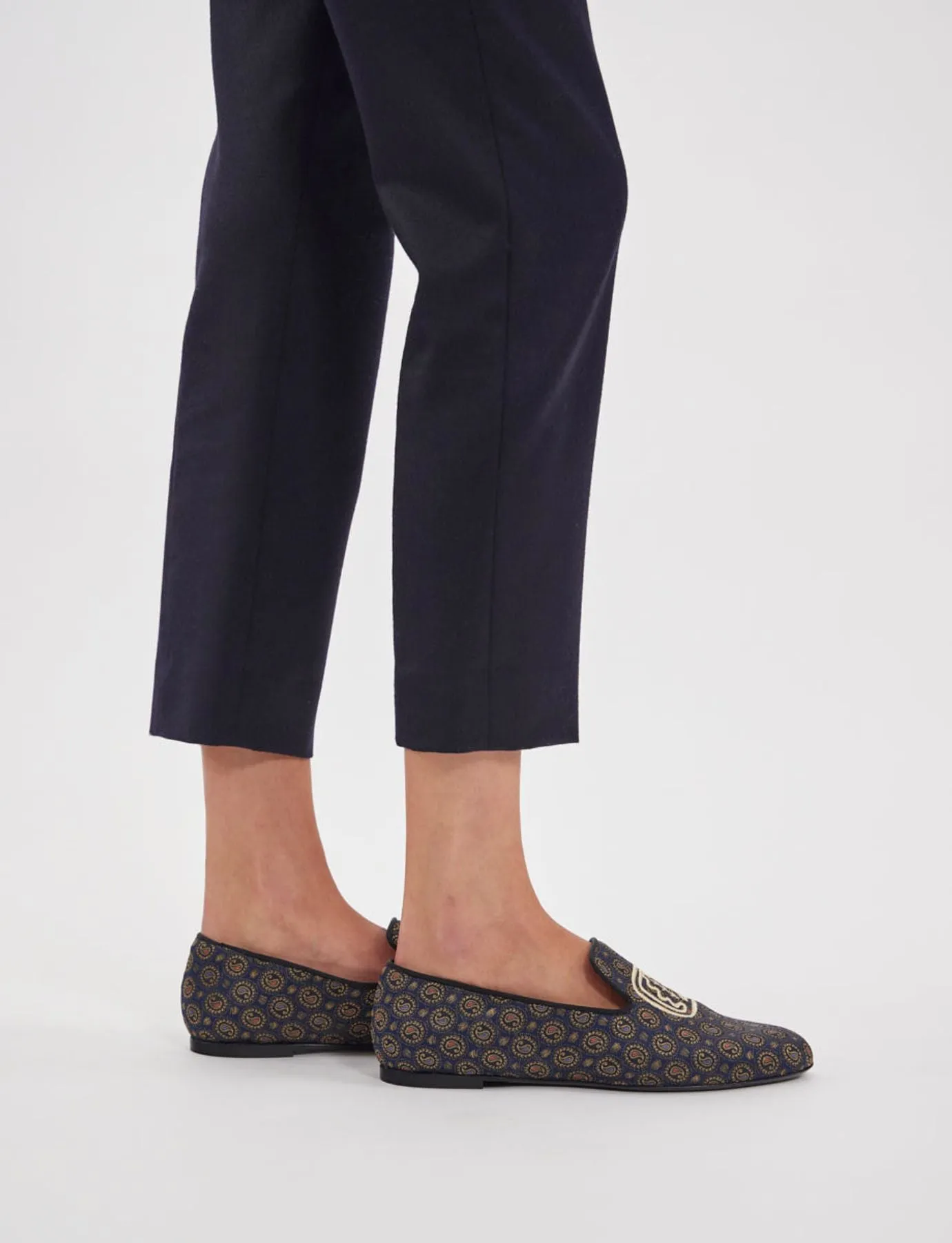 Blue and gold embroidered slippers
