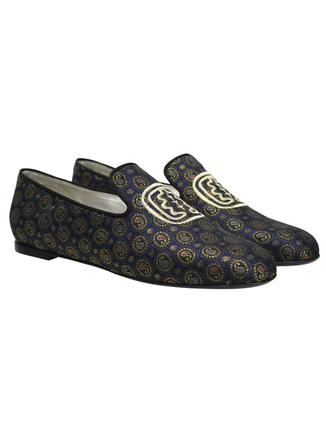 Blue and gold embroidered slippers