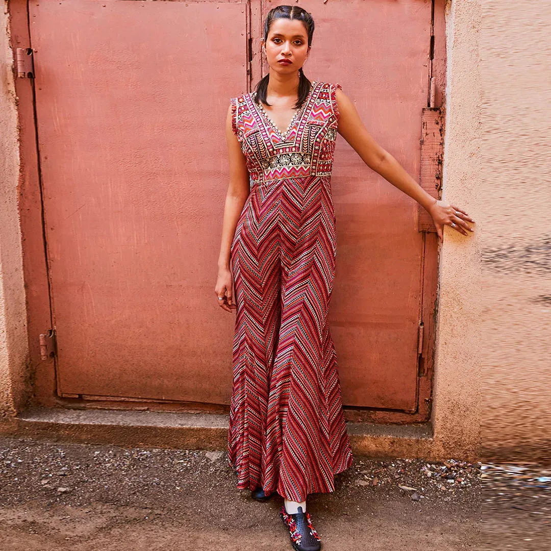 BOHEMAIN STRIPE PRINT BELL BOTTOM JUMPSUIT