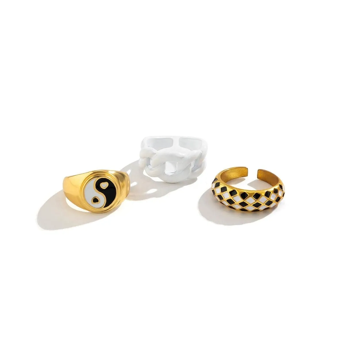 Chic 3 Pieces Geometric Enamel Yin Yang Checker Ring Set