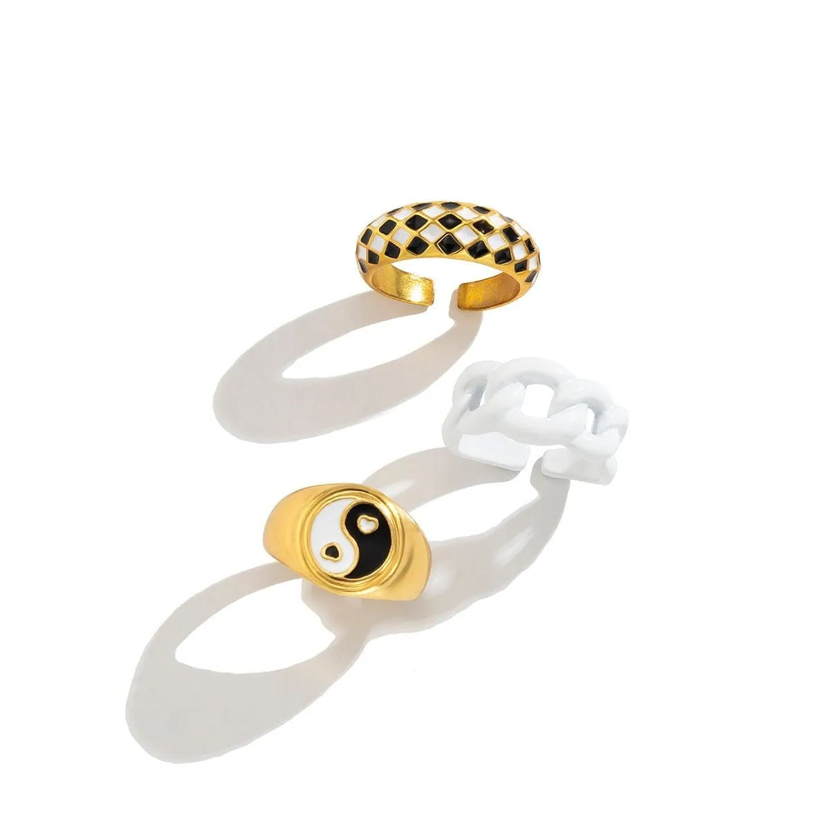 Chic 3 Pieces Geometric Enamel Yin Yang Checker Ring Set