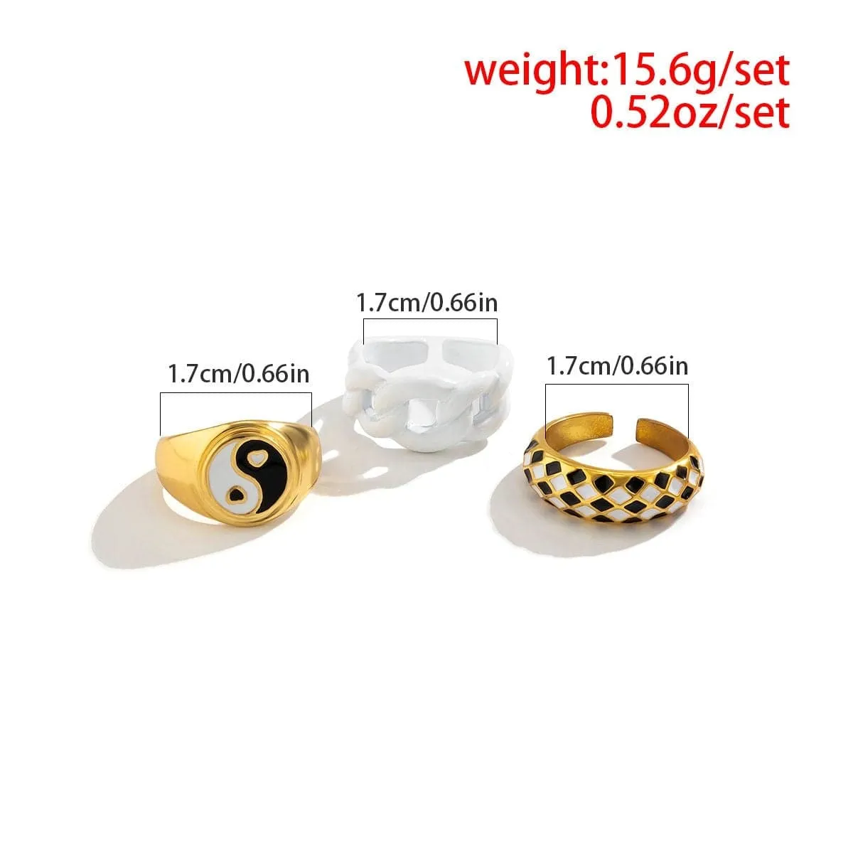 Chic 3 Pieces Geometric Enamel Yin Yang Checker Ring Set