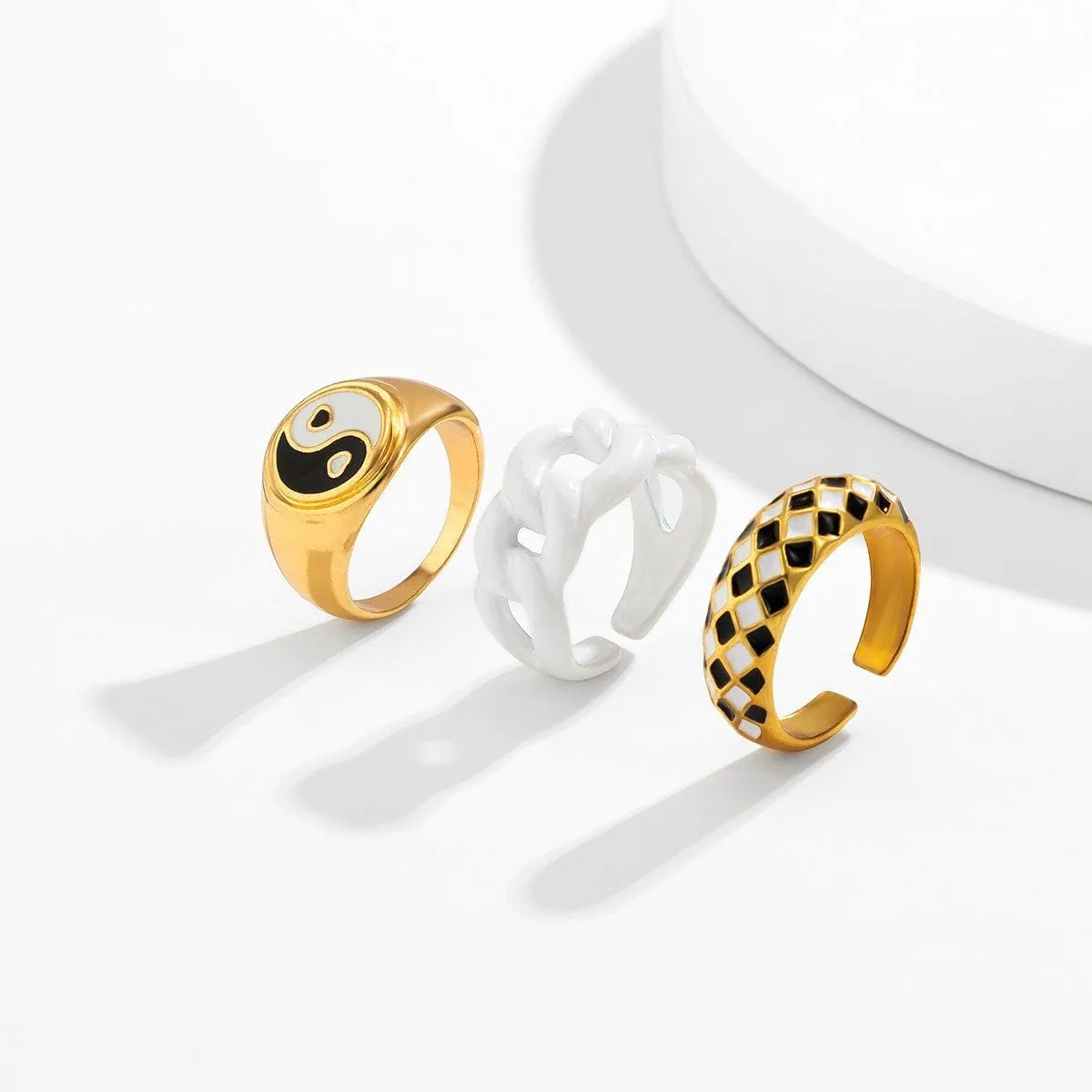Chic 3 Pieces Geometric Enamel Yin Yang Checker Ring Set