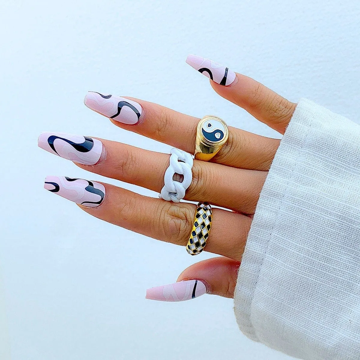 Chic 3 Pieces Geometric Enamel Yin Yang Checker Ring Set