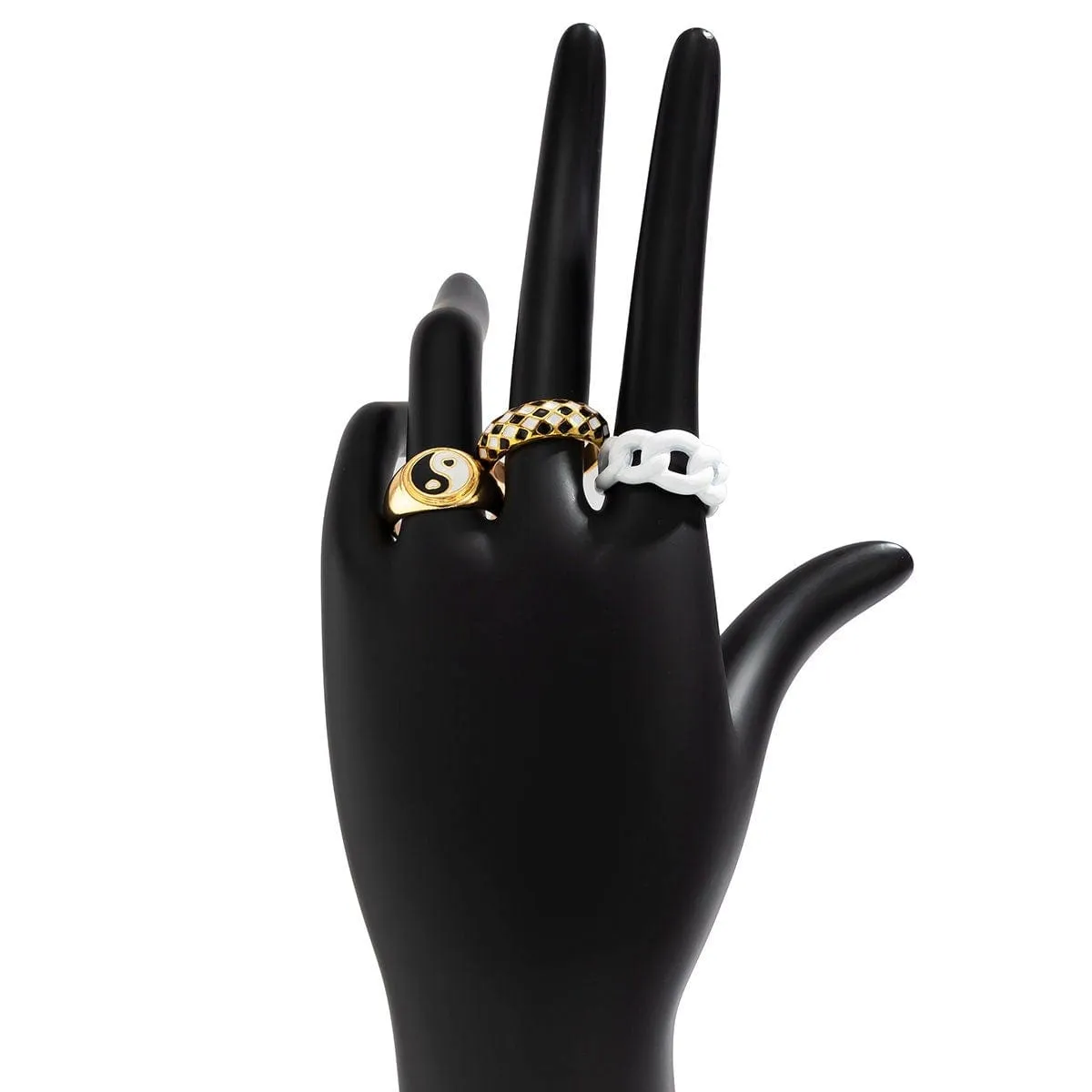 Chic 3 Pieces Geometric Enamel Yin Yang Checker Ring Set