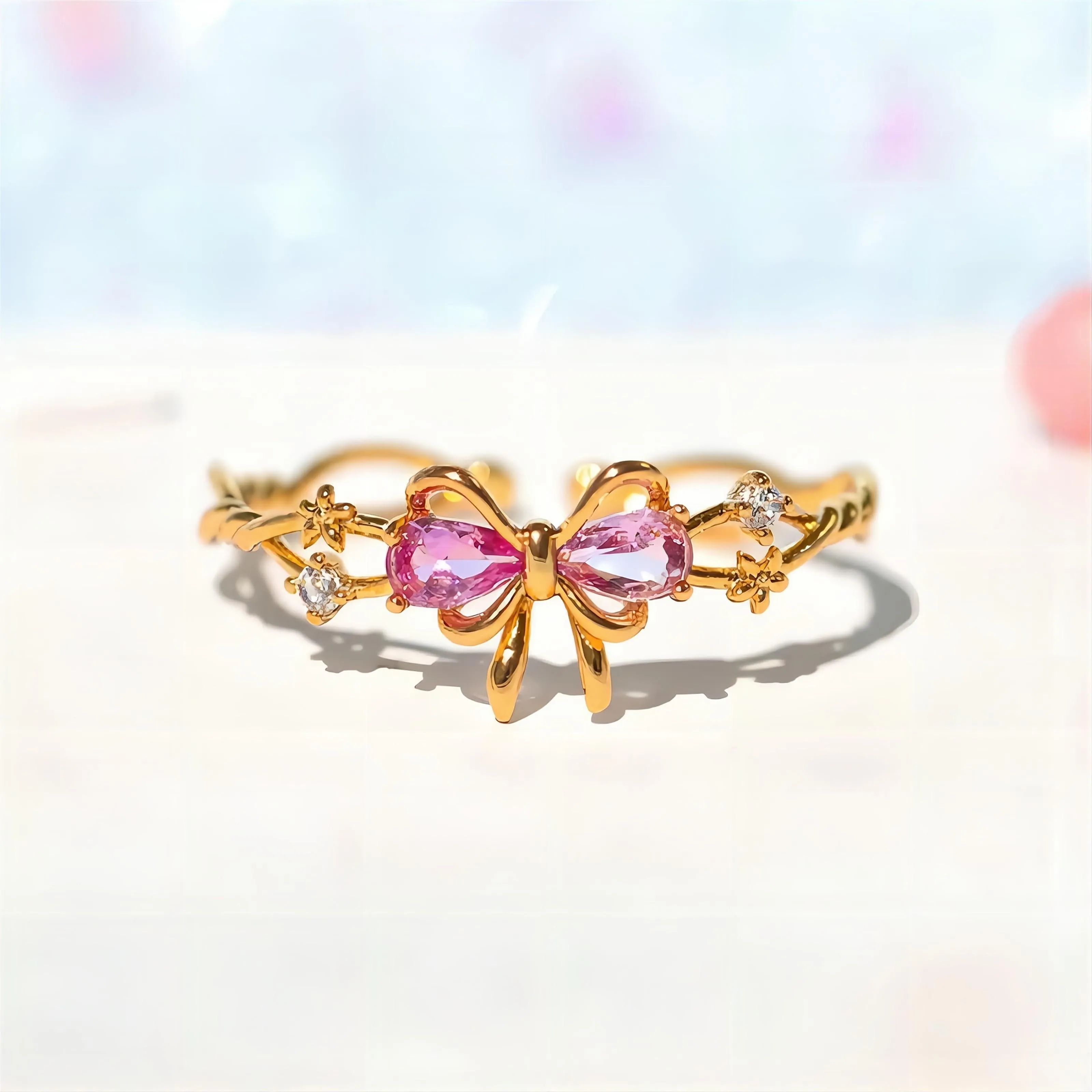 Chic Adjustable Crystal Floral Bowknot Ribbon Ring