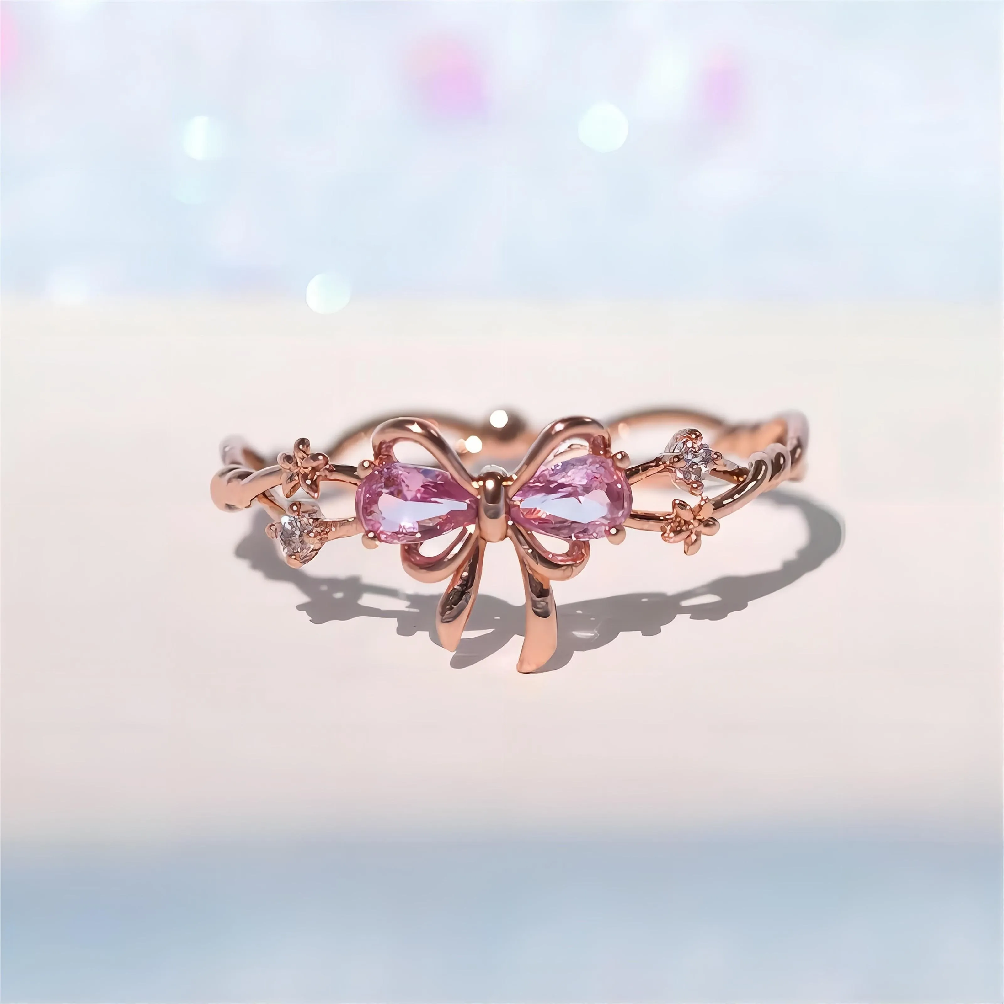 Chic Adjustable Crystal Floral Bowknot Ribbon Ring