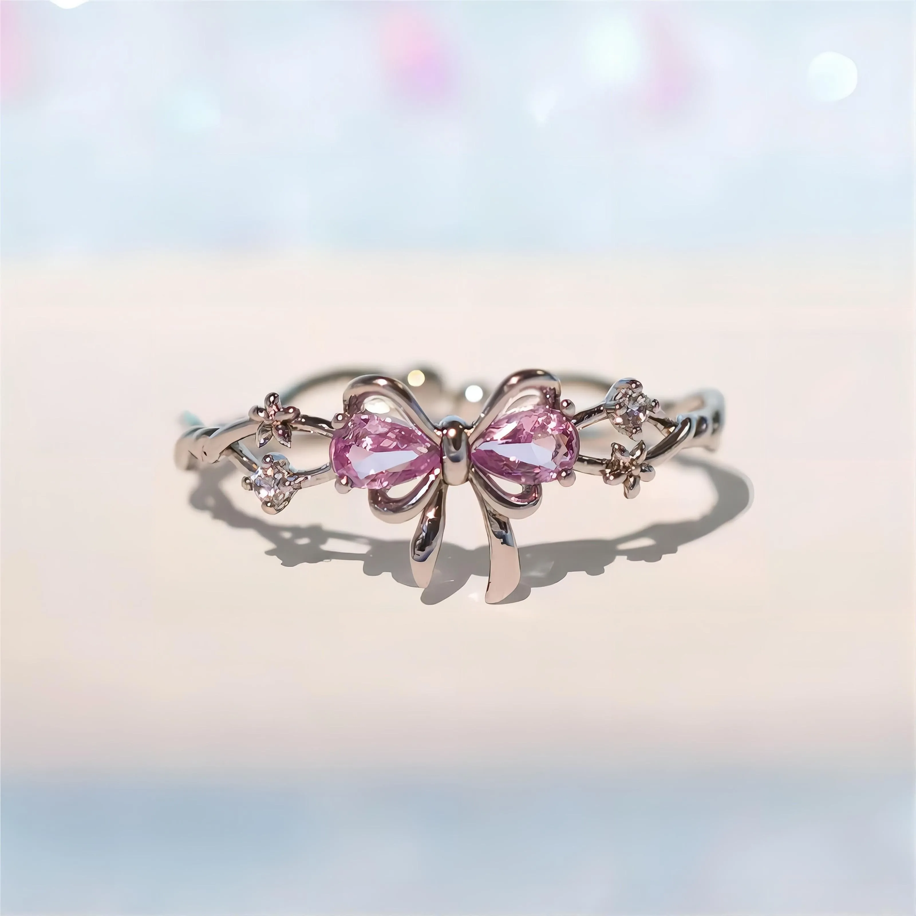 Chic Adjustable Crystal Floral Bowknot Ribbon Ring