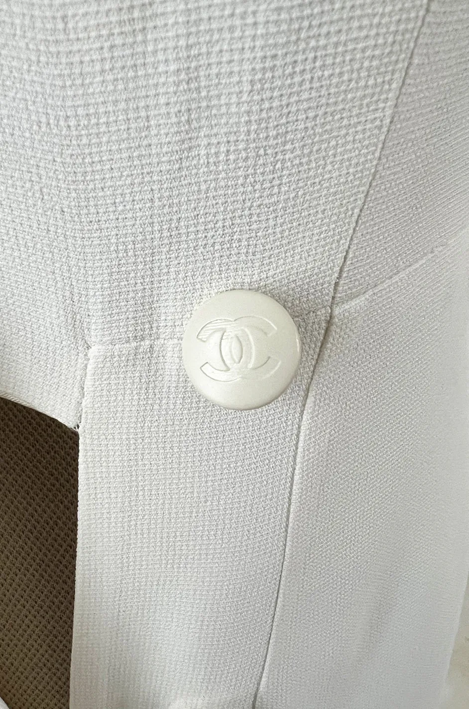 Chic Cruise 1997 Chanel by Karl Lagerfeld White Dress w Large Collar & Logo Buttons