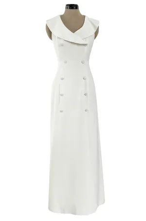 Chic Cruise 1997 Chanel by Karl Lagerfeld White Dress w Large Collar & Logo Buttons