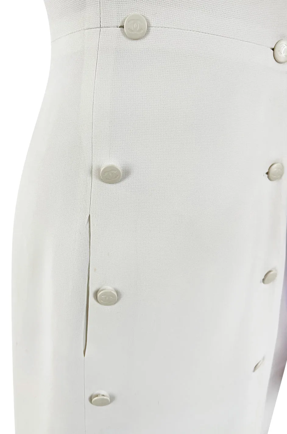 Chic Cruise 1997 Chanel by Karl Lagerfeld White Dress w Large Collar & Logo Buttons