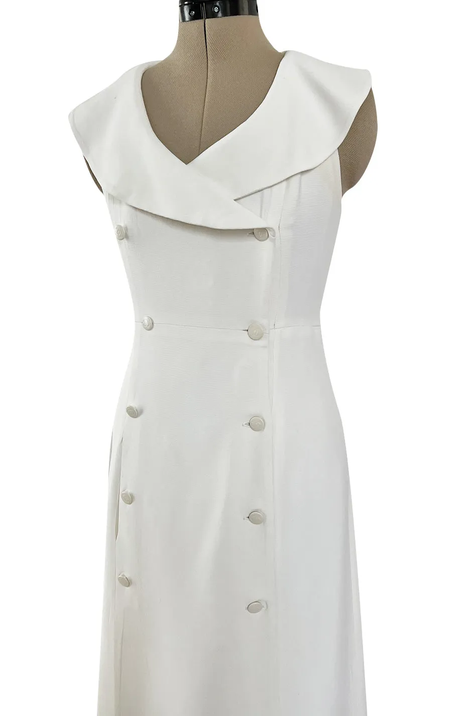 Chic Cruise 1997 Chanel by Karl Lagerfeld White Dress w Large Collar & Logo Buttons