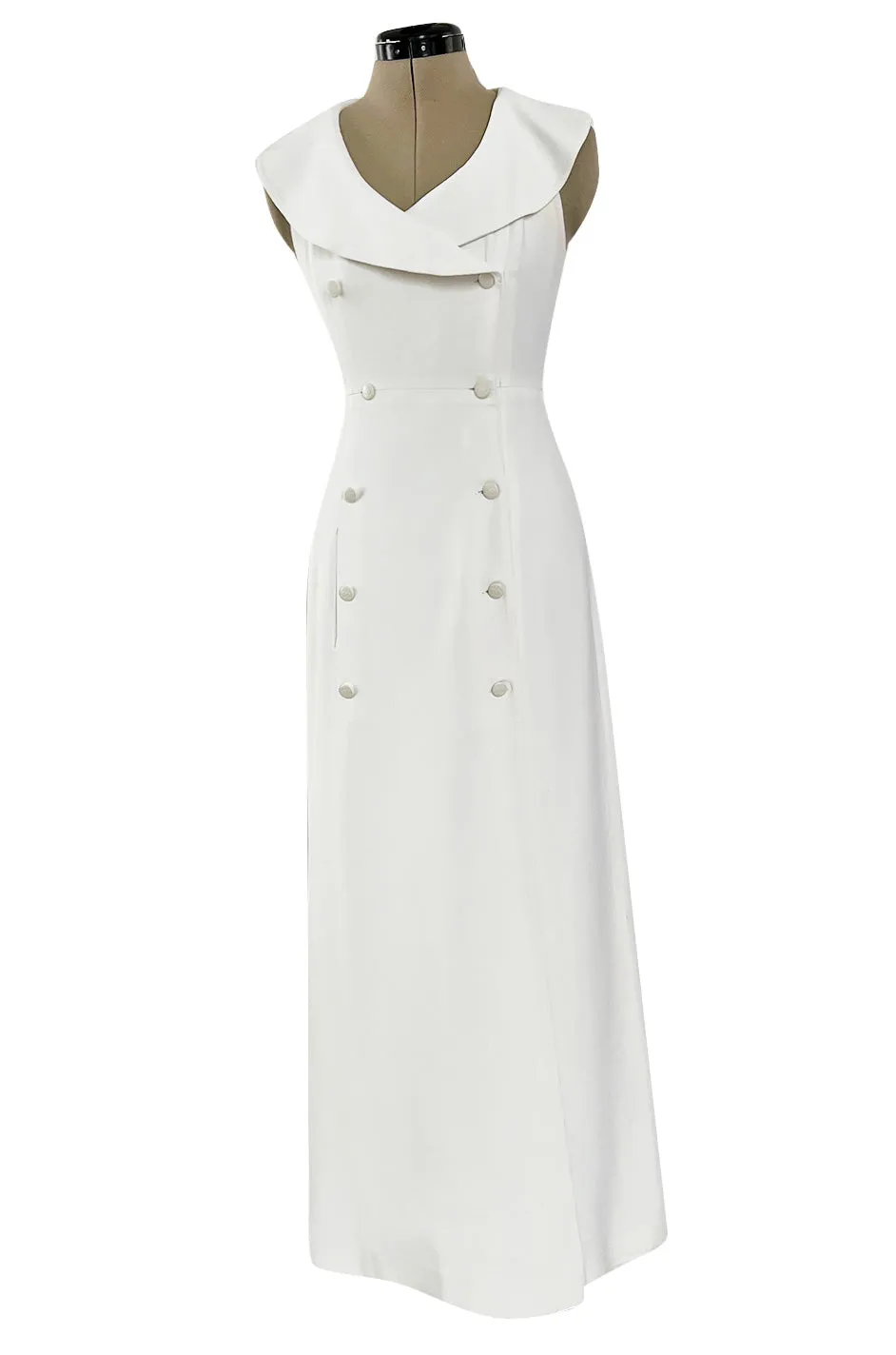 Chic Cruise 1997 Chanel by Karl Lagerfeld White Dress w Large Collar & Logo Buttons