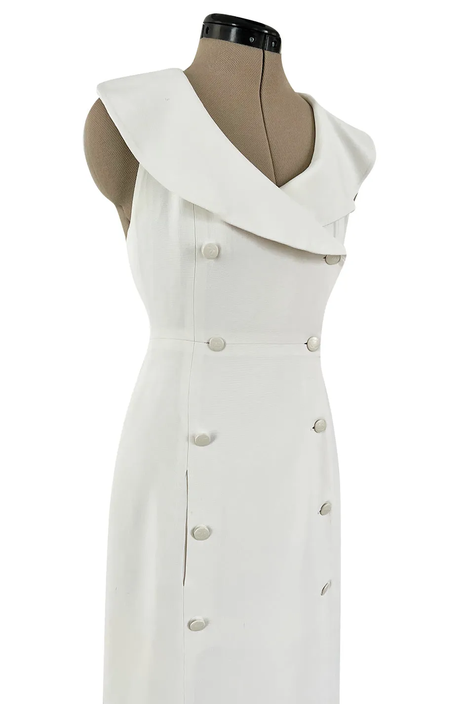 Chic Cruise 1997 Chanel by Karl Lagerfeld White Dress w Large Collar & Logo Buttons