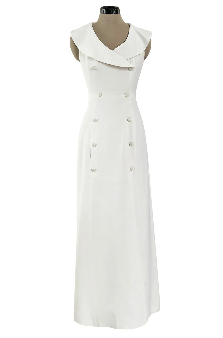 Chic Cruise 1997 Chanel by Karl Lagerfeld White Dress w Large Collar & Logo Buttons