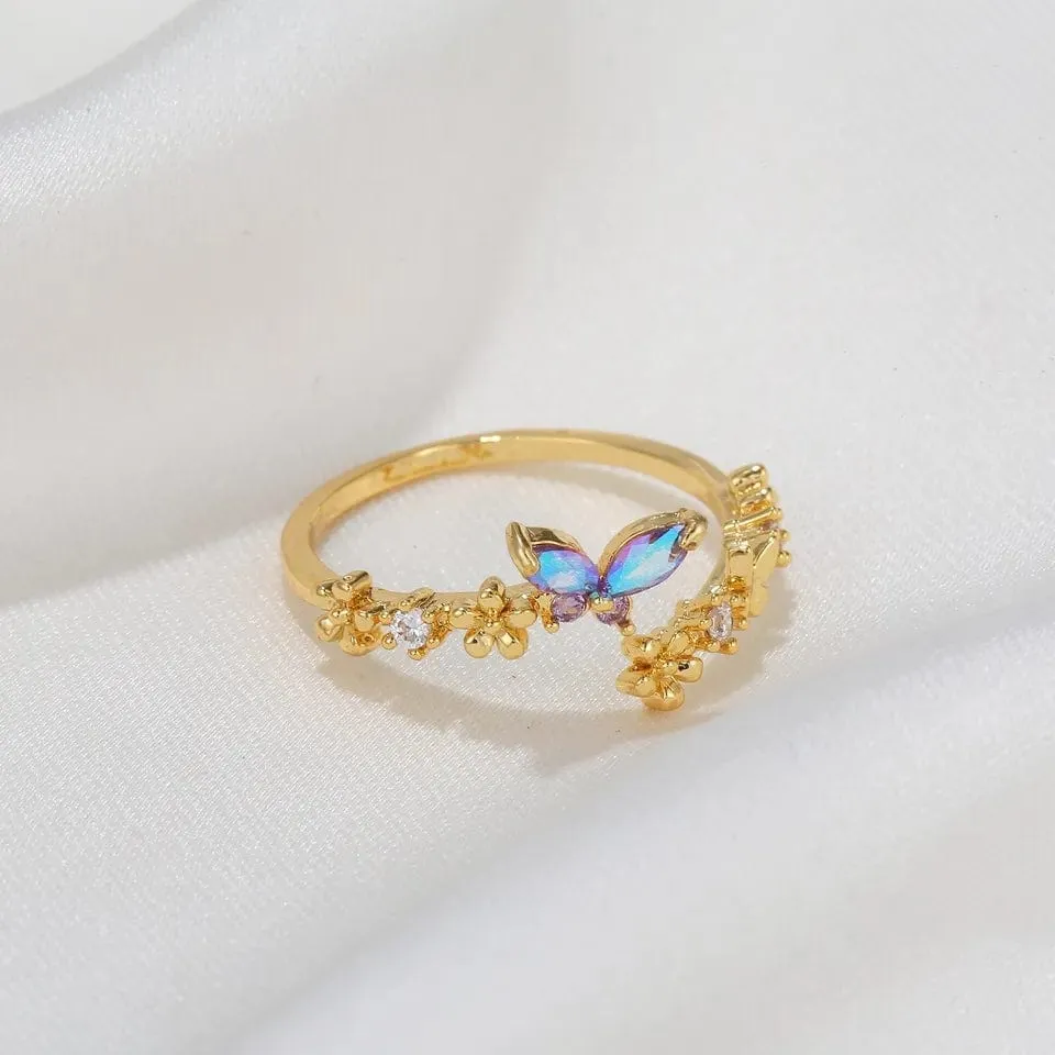 Chic CZ Inlaid Adjustable Floral Butterfly Ring