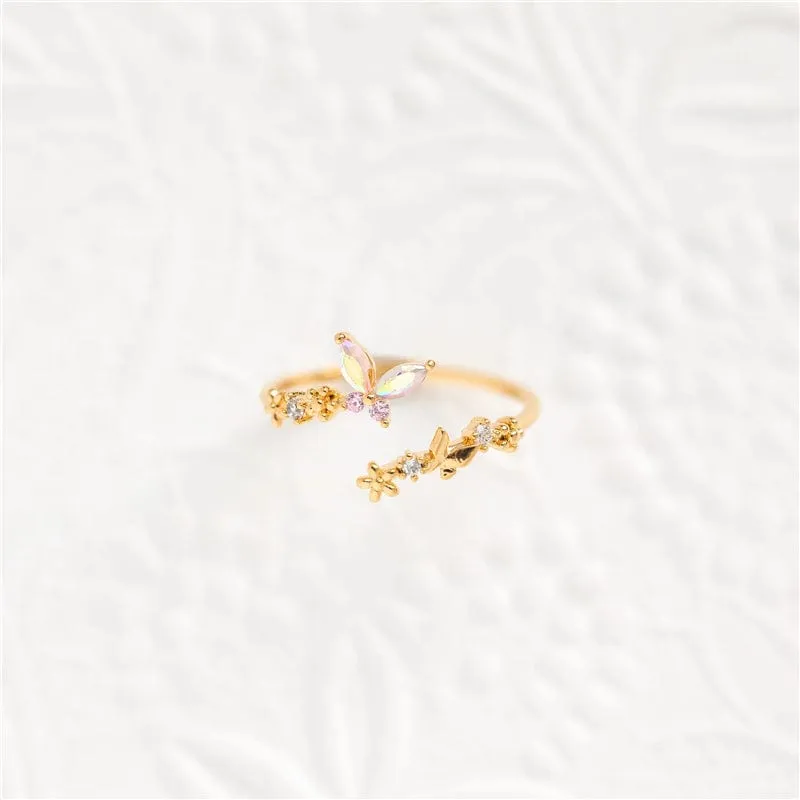 Chic CZ Inlaid Adjustable Floral Butterfly Ring