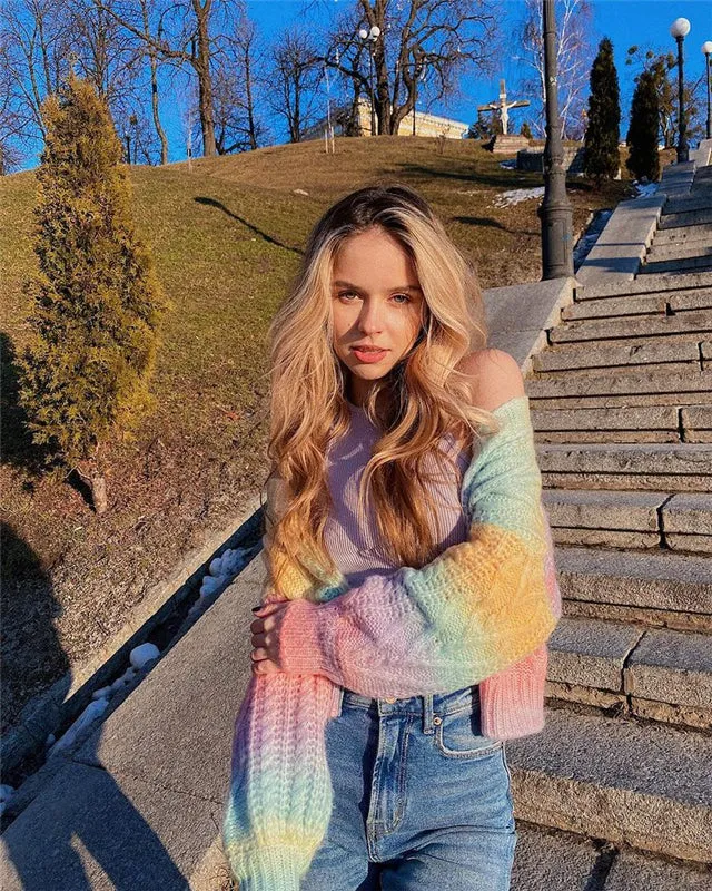 CHIC GRADIENT RAINBOW TIE-DYE KNITTED CARDIGAN UB2819