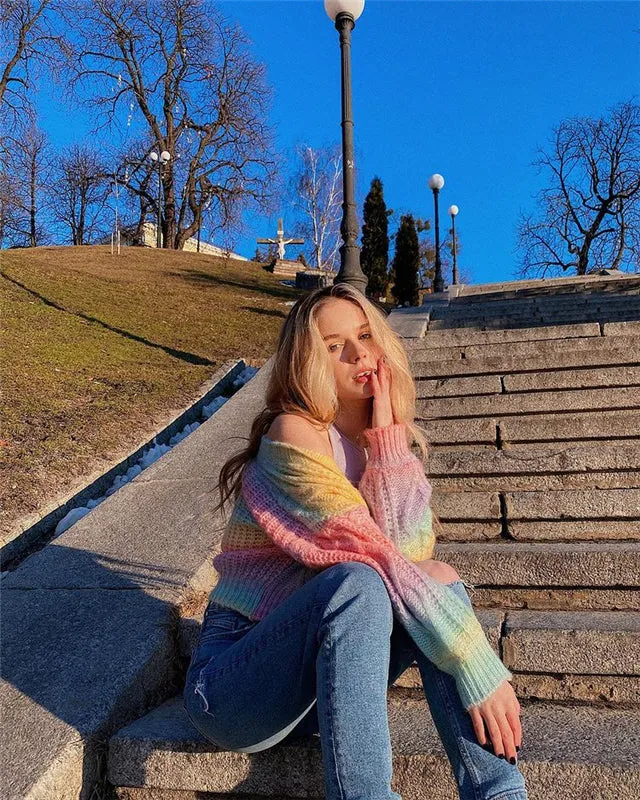 CHIC GRADIENT RAINBOW TIE-DYE KNITTED CARDIGAN UB2819