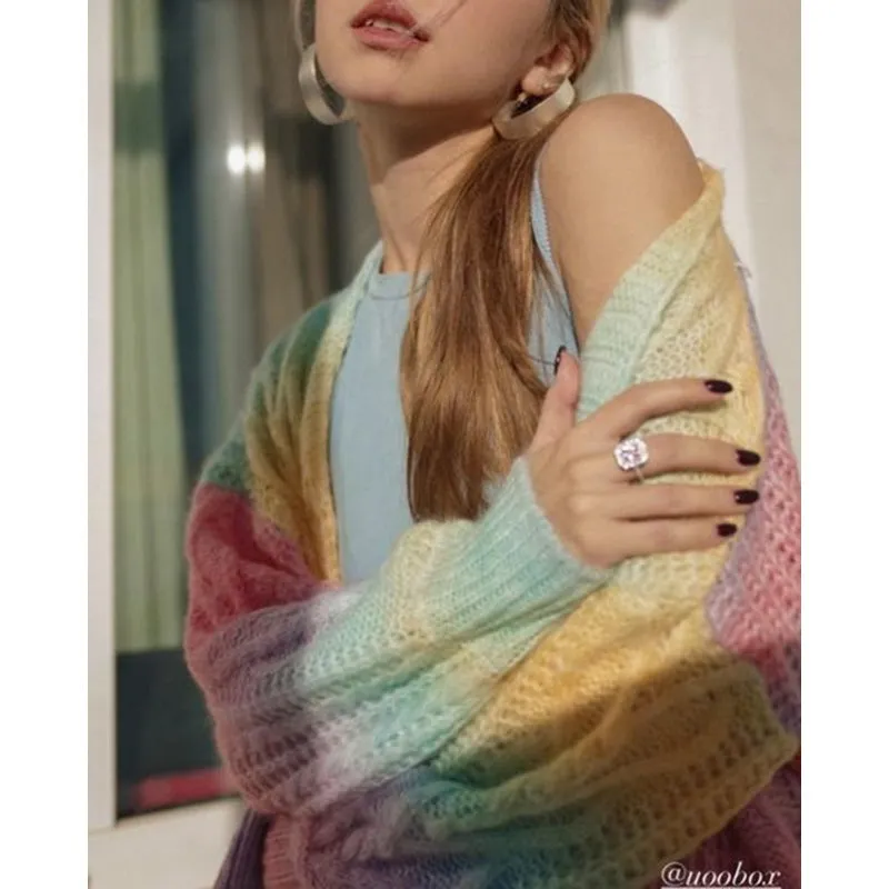 CHIC GRADIENT RAINBOW TIE-DYE KNITTED CARDIGAN UB2819