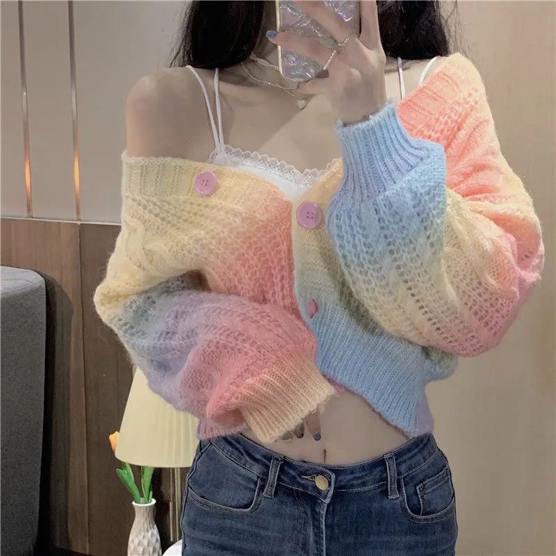 CHIC GRADIENT RAINBOW TIE-DYE KNITTED CARDIGAN UB2819