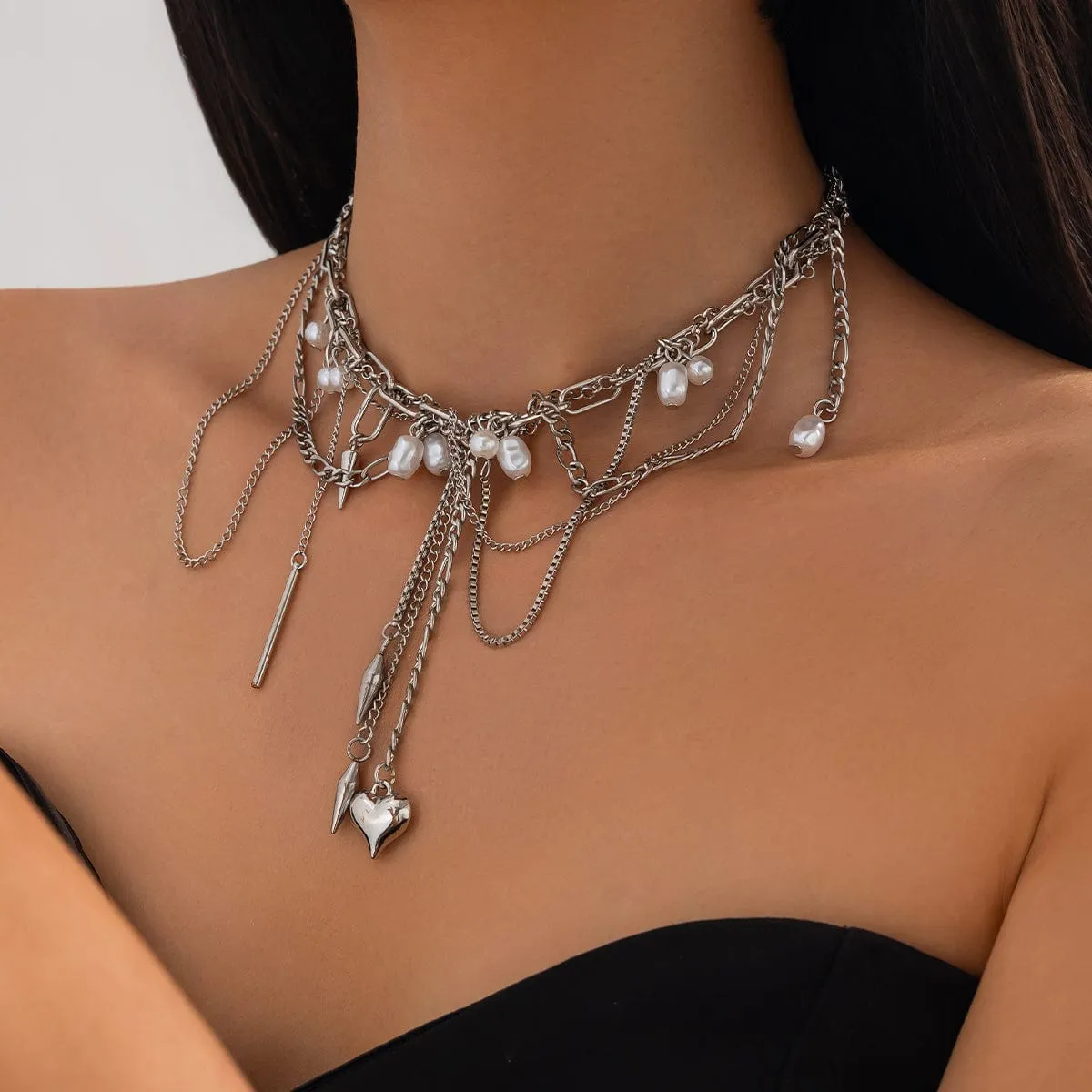 Chic Layered Pearl Rivet Tassel Heart Pendant Cable Chain Y Necklace