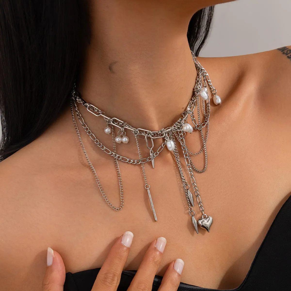 Chic Layered Pearl Rivet Tassel Heart Pendant Cable Chain Y Necklace