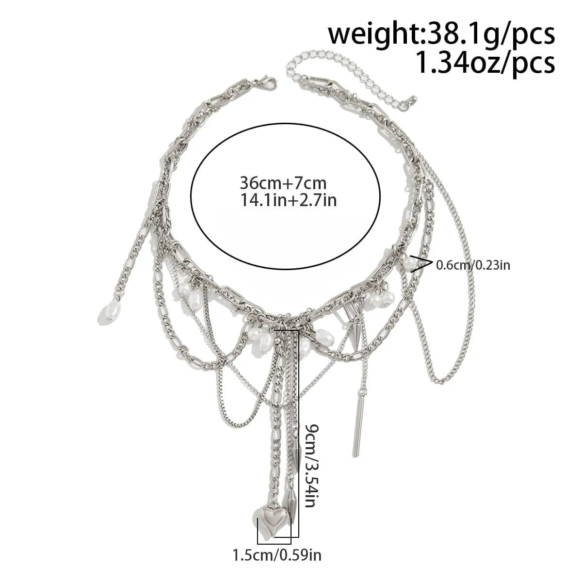 Chic Layered Pearl Rivet Tassel Heart Pendant Cable Chain Y Necklace