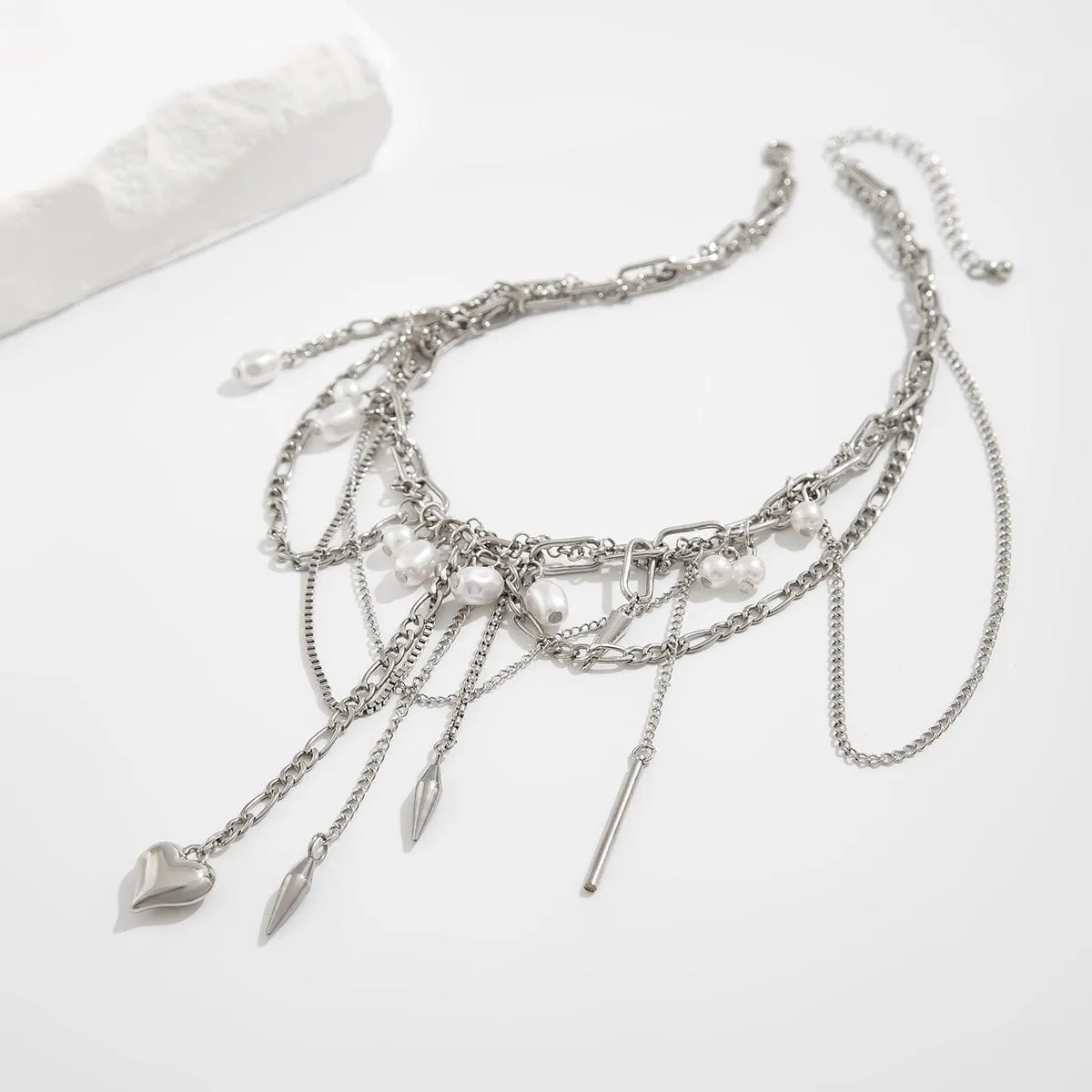 Chic Layered Pearl Rivet Tassel Heart Pendant Cable Chain Y Necklace